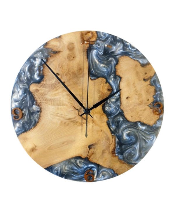 Luxury Handmade Resin & Wood Epoxy Wall Clock with Blue Metallic Swirl – Modern Artistic Decorative Clock for Living Room, Bedroom & Office
