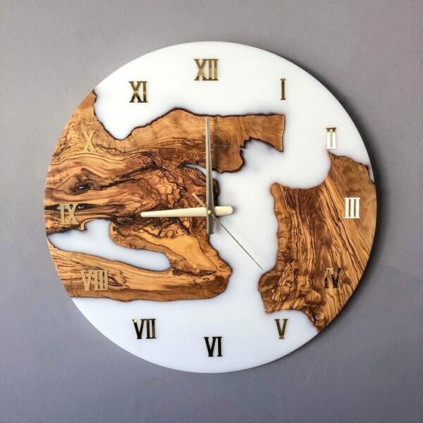 Elegant Handmade Resin & Olive Wood Wall Clock with White Background and Golden Roman Numerals – Luxury Modern Decorative Clock for Home & Office