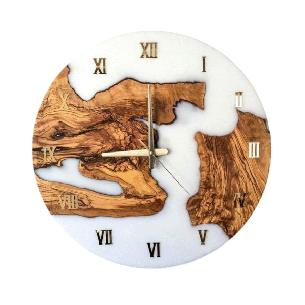 Elegant Handmade Resin & Olive Wood Wall Clock with White Background and Golden Roman Numerals – Luxury Modern Decorative Clock for Home & Office