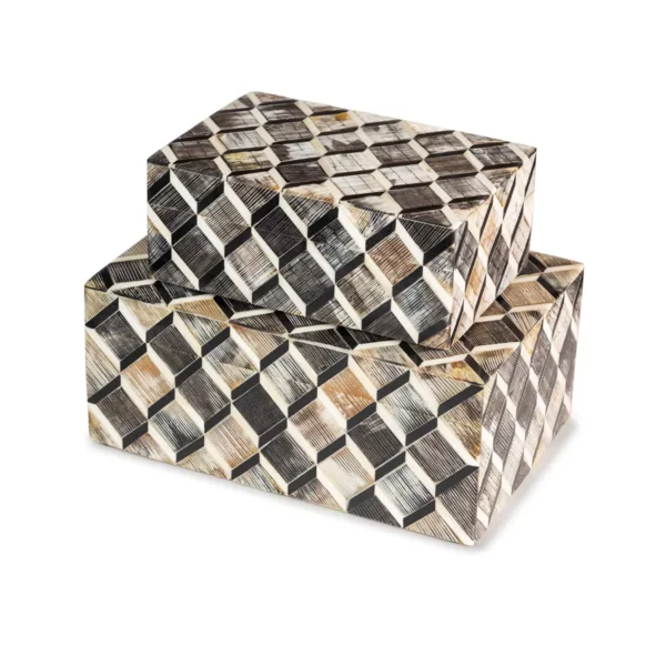 Luxury Handmade Bone Inlay Geometric Pattern Decorative Storage Boxes – Set of 2 Stylish Organizer Boxes for Living Room, Bedroom & Office