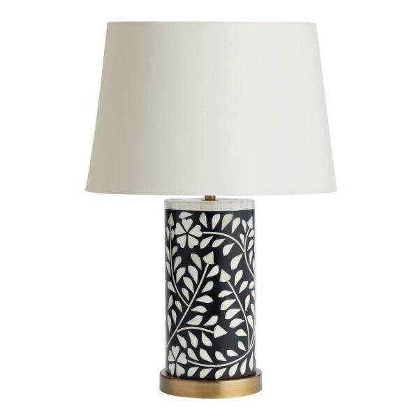 Elegant Handmade Bone Inlay Black Floral Cylinder Table Lamp with White Shade – Luxury Lighting for Bedroom, Living Room & Hotel Décor