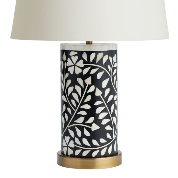 Elegant Handmade Bone Inlay Black Floral Cylinder Table Lamp with White Shade – Luxury Lighting for Bedroom, Living Room & Hotel Décor