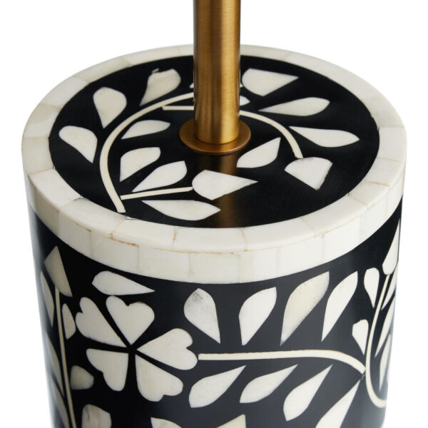 Elegant Handmade Bone Inlay Black Floral Cylinder Table Lamp with White Shade – Luxury Lighting for Bedroom, Living Room & Hotel Décor