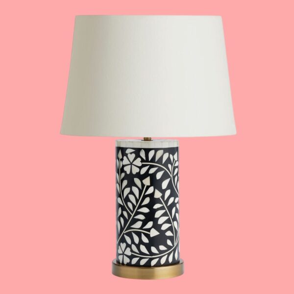 Elegant Handmade Bone Inlay Black Floral Cylinder Table Lamp with White Shade – Luxury Lighting for Bedroom, Living Room & Hotel Décor